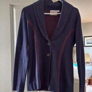 Adorable navy blue with red polka dots blazer with a two button closer.